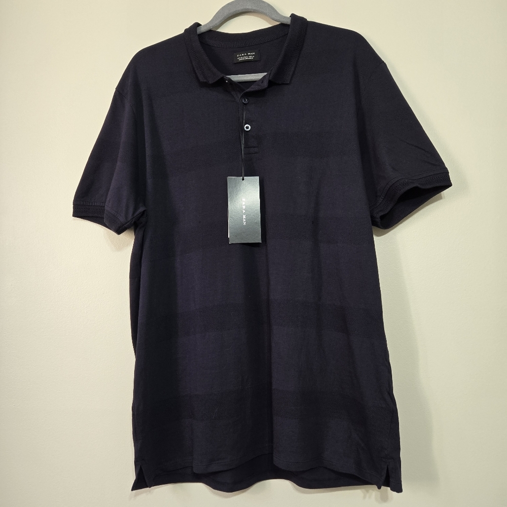Zara Mens Textured Polo Shirt Blue XL NWT